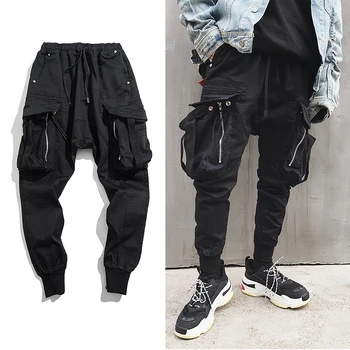 

NEW High Street Side Big Pockets Ribbons Mens Hip Hop Cargo Sweatpants Joggers Trousers Male Fashion Full Length Harem Pants