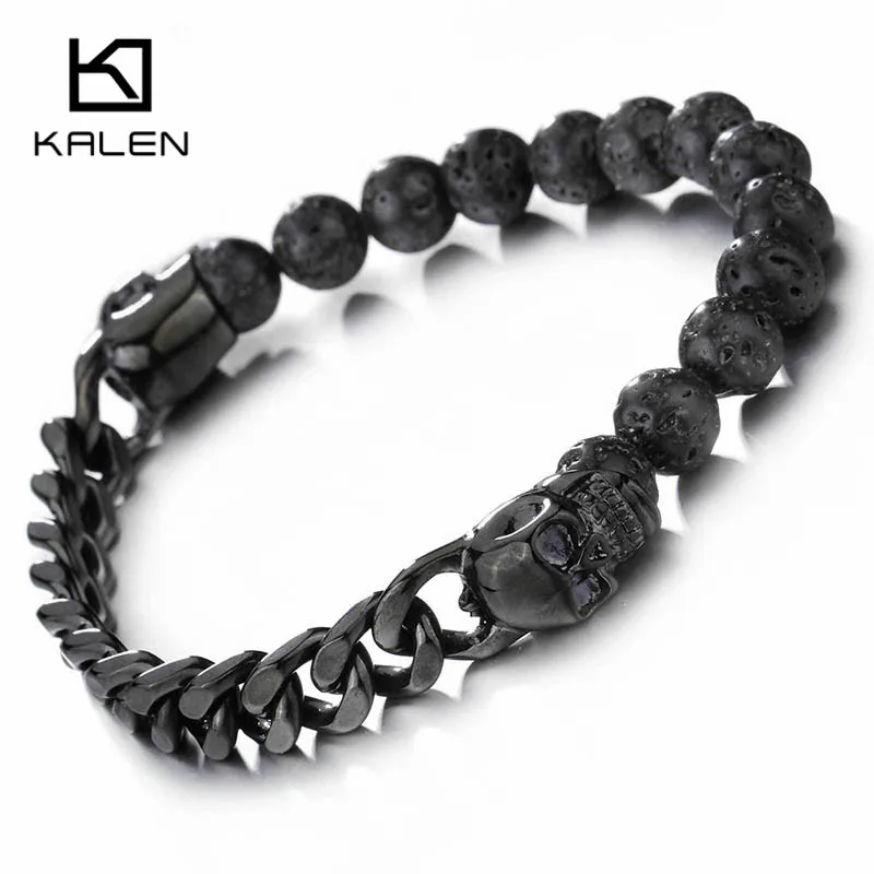 

Kalen African Black Lava Beads Bracelet Men Stainless Steel Black Plate Skull Head Charm Bracelet Wrap Link Chain Bangle Jewelry