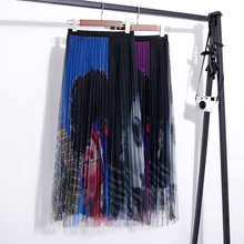 Весна лето женские юбки Роскошная Полная Печать юбка из прозрачной ткани Женская эластичная талия Женская плиссированная юбка до середины икры