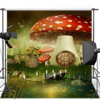 

Mushrooms Cottage Sunflower Grass River Fairy Tale Backgrounds Vinyl cloth High quality Computer print wall backdrops