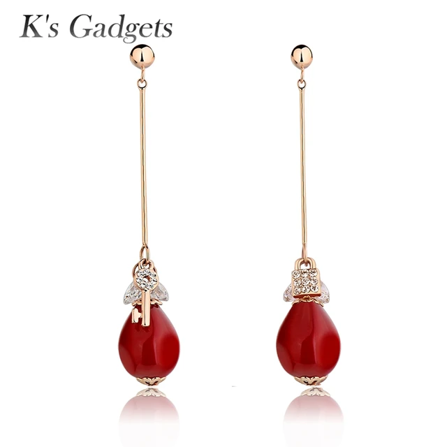 Rose Gold Color Jewelry Long Drop Earrings Austrian Crystal Rose Gold Color Jewelry Long Drop Earrings Austrian Crystal Rhinestone Fashion Red Artificial C Dangle
