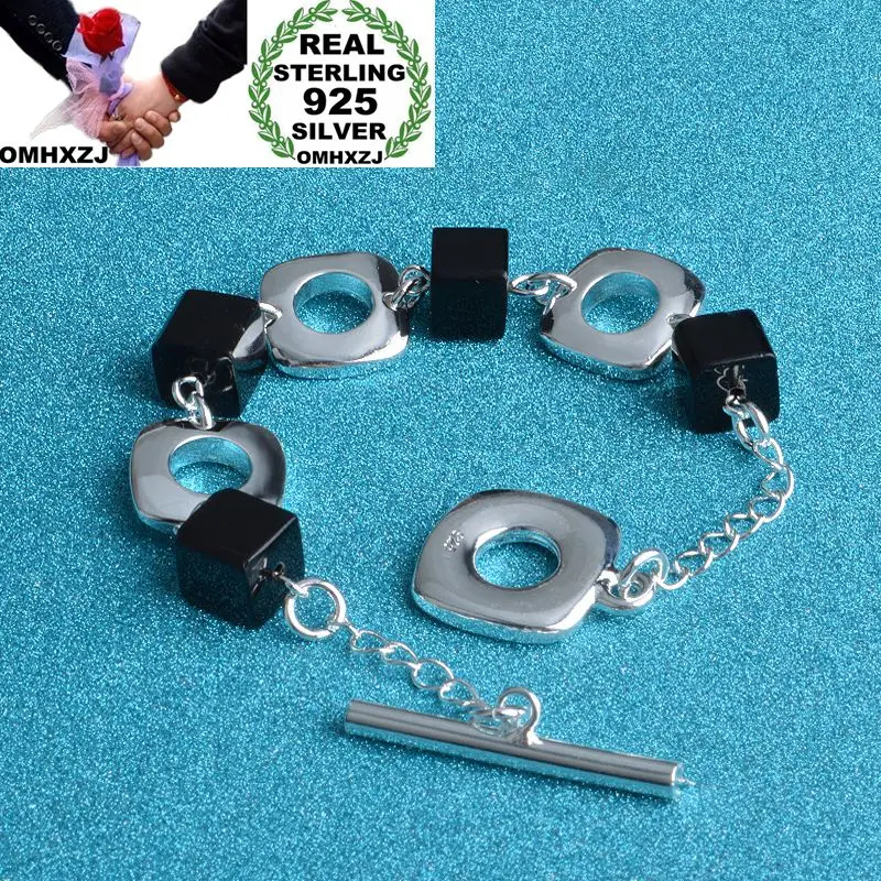 

OMHXZJ Wholesale Personality Fashion OL Woman Girl Party Gift Silver Hollow Square Black Agate 925 Sterling Silver Bracelet BR79