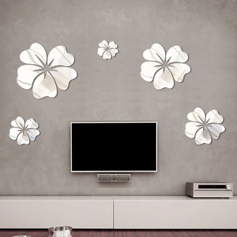 

5 Pcs PVC Flower Mirror Flower Pattern Wall Sticker 3D Home Decoration Wall Art DIY Silver Mirror Wall Stickers