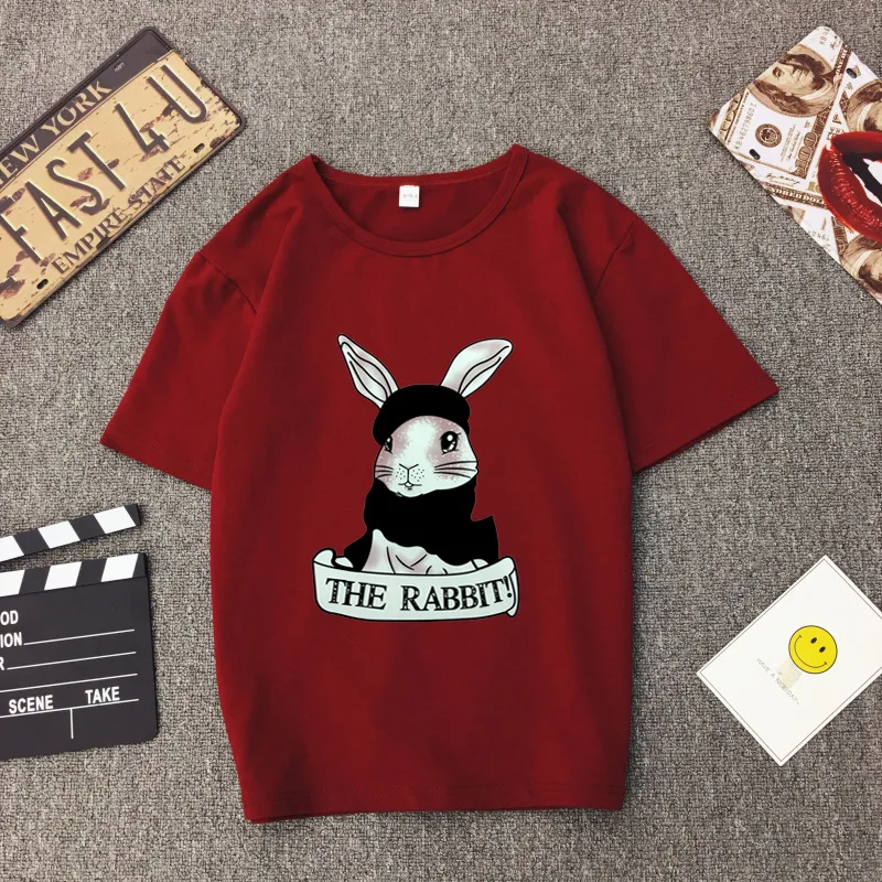

Bottom Women's T Shirt Cute Rabbit Print Casual Tees Cotton Spandex Tops Ladies Clothes Loose Street Tide T-shirt for Femme