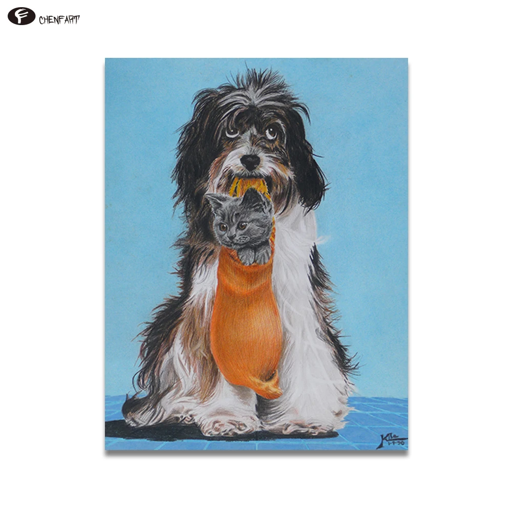 CHENFART Decoration Pictures Wall art Dog and Cat Oil Painting Canvas