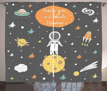 

Outer Space Curtains Doodle Style Astronaut Alien Planets and Spaceships with a Motivational Quote Living Room Window Drapes