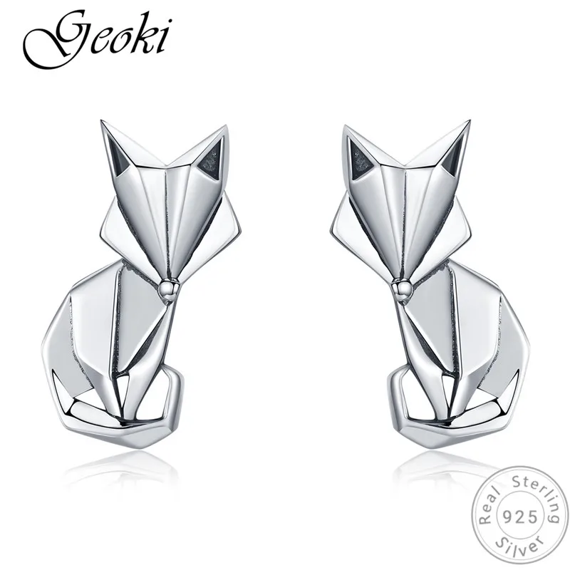 

Geoki 925 Sterling Silver Cute Geometric Fox Shaped Stud Earrings S925 Original Animal Engraved Earrings Women Luxury Jewelry