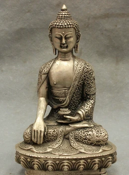 

wholesale factory 8'' Folk Tibet Silver Buddhism Shakyamuni Sakyamuni Buddha Bowl Seat Statue