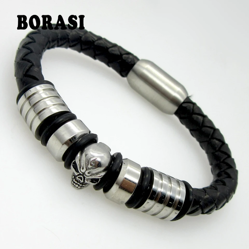 

21.5cm Men Jewelry Pirate Style Silver Genuine Leather Skull Bracelets Magnet Wholesale Cuff Braided Wrap Black & Brown Colour