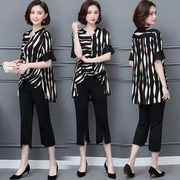 

Plus Size suit Women 2 Piece set Striped Top and Pants 2019 Summer female large size Clothing Sets LJ766