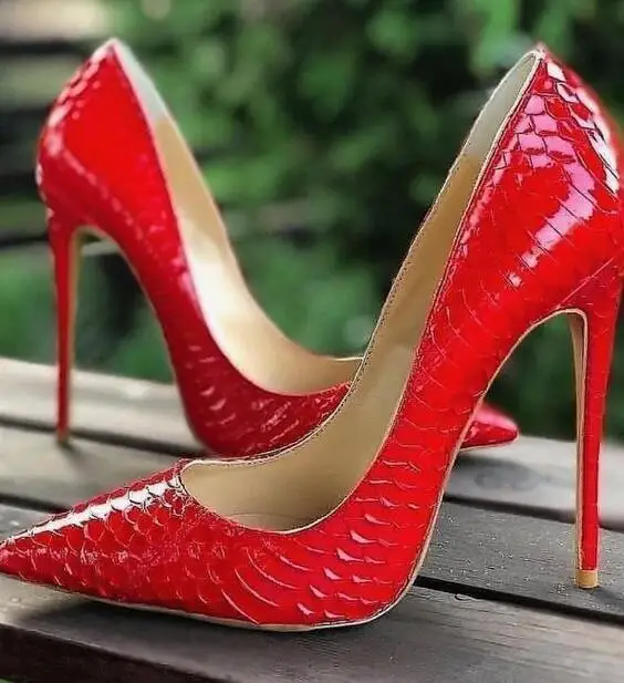 Women Red Snakeskin Pointed Toe High 