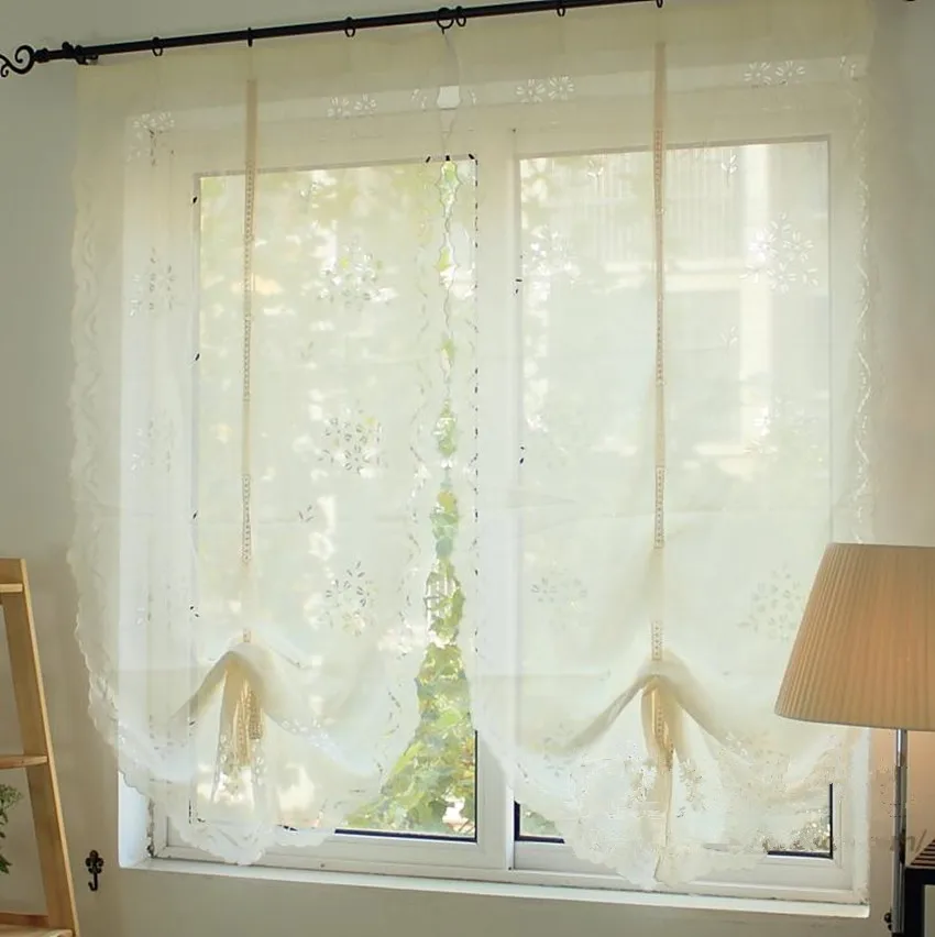 1 Panel White Cherry blossoms Hollow Embroidered imitated Cross Linen Balloon Curtain 100