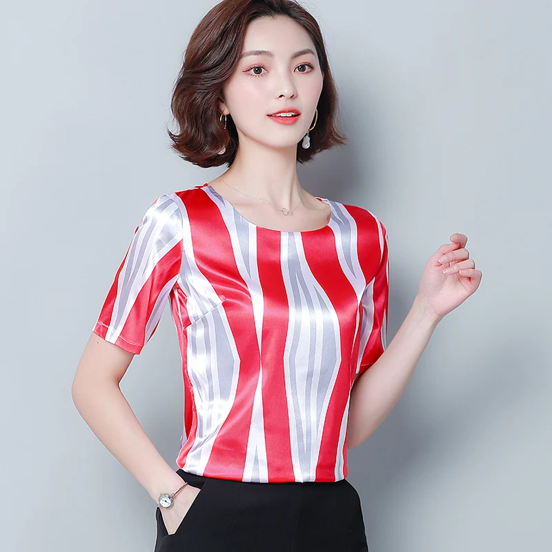 

Korean Fashion Summer Silk Women Blouses Striped Short Sleeve Women Shirts Plus Size XXXL Blusas Femininas Elegante