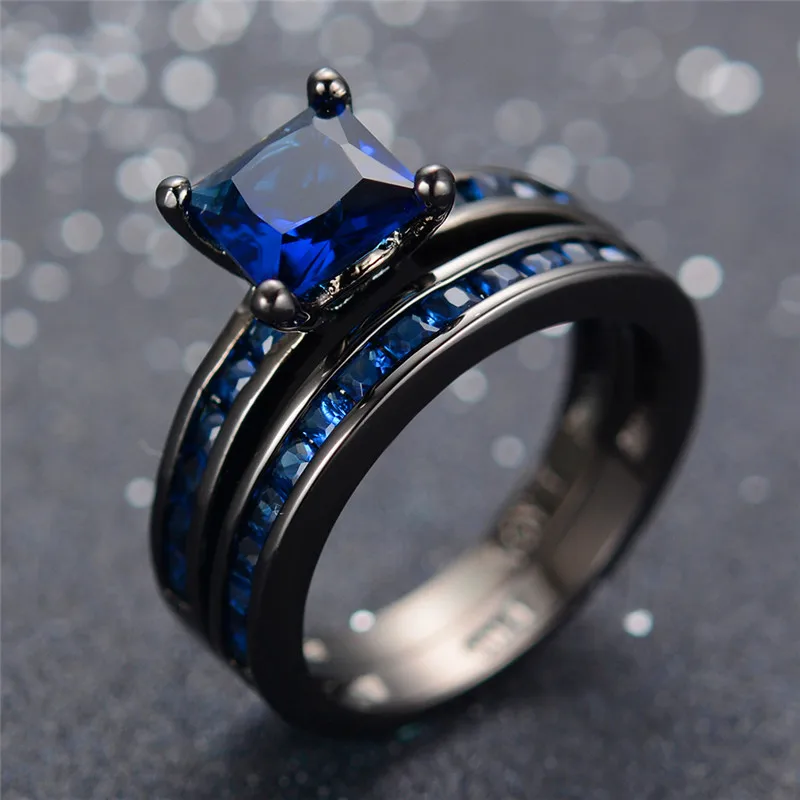 Luxury Female Dark Blue Zircon Stone Ring Fasgion Black Gold Filled