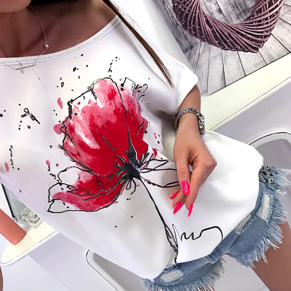

Women Casual Floral Print Female T Shirt Harajuku T-Shirts Women Summer Short Sleeve Clothing Punk Tee Tops Loose Tee