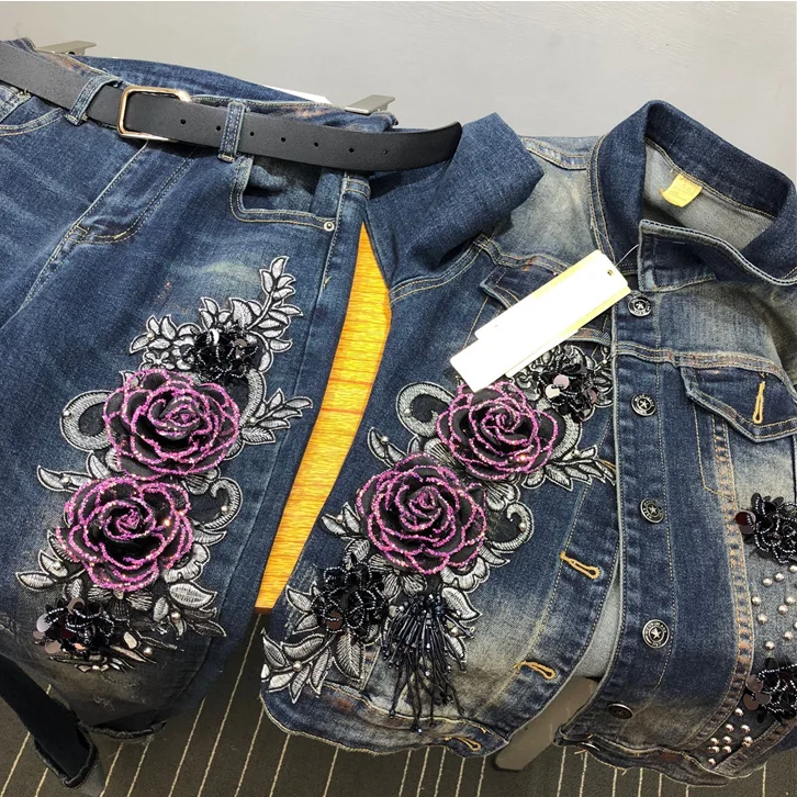 2019 Spring Autumn Woman Long-sleeve Denim Jackets Embroidered Coat + Dark Blue Retro Jeans Two Piece Sets Slim Pencel Pants Set plus size pjs