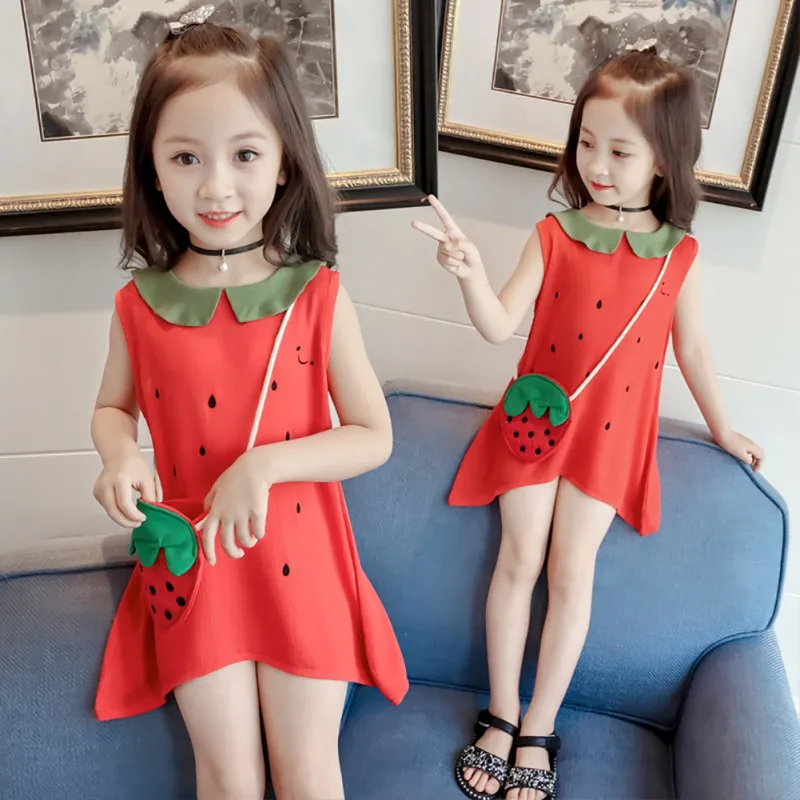 

1-6Y Girls Dresses Summer Doll Neck Cute Princess Little Strawberry Flower Sweet Sleeveless Dress