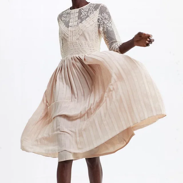 US $19.74 QZ05 New Spanish Design O Neck Lace Patchwork Pleated Fairy Dress Women Solid Color Sweet Vestidos