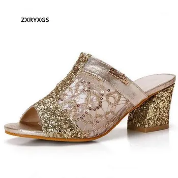 

New summer fashion sandals slippers sequined mesh thick heel women sandals 2019 large size summer shoes woman slippers sandals