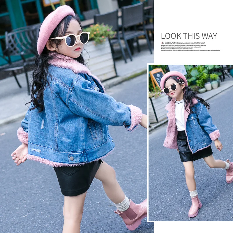 

Baby Girls Denim Coats Winter 2018 New Big Children Clothing Kids Lambskin Cowboy Girls Plus Velvet Thick Jackets Tops CA098