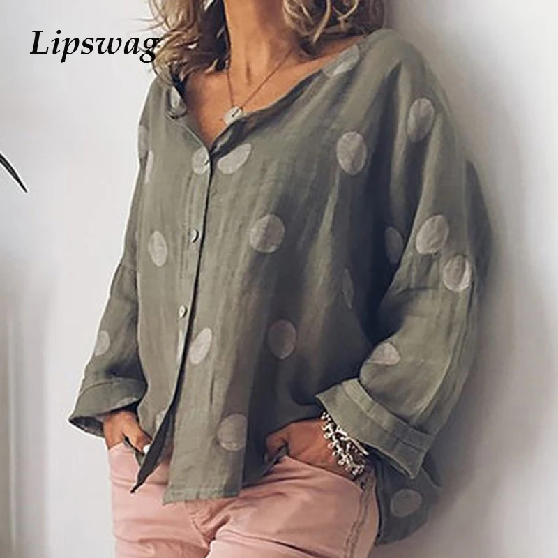 

Lipswag Casual Polka Dot Print Women Blouse Shirt Spring Summer Long Sleeve Button Loose Blouses And Top Fashion Plus Size Blusa