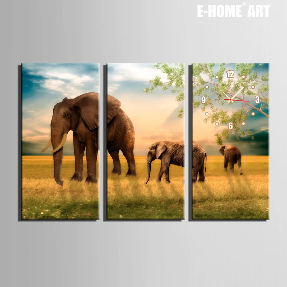 

Free Shipping E-HOME Walking Elephant Clock in Canvas 3pcs wall clock