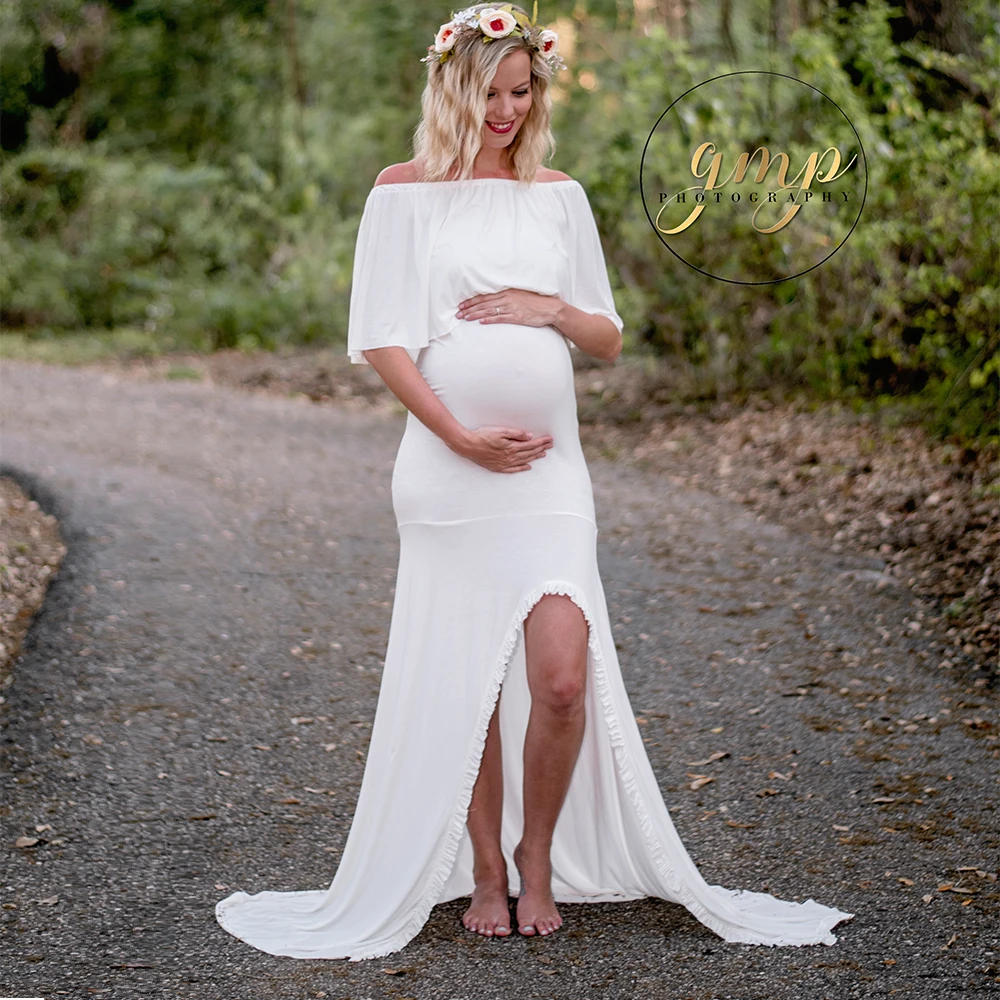 Fora do Ombro Vestido de Maternidade Fotografia para Sessão de Fotos do Vestido Colarinho Plissado Adereços Fotografia Gravidez Grávida Vestido Maxi d & j 17 Mamãe e Bebê