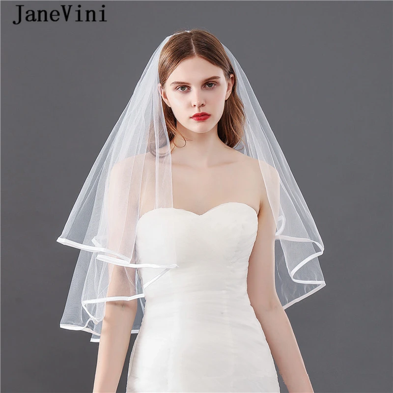 JaneVini Simple Two Layers White/Ivory Tulle Wedding Veils with Comb Ribbon Edge Short 60*80cm Bridal Veils Wedding Accessories