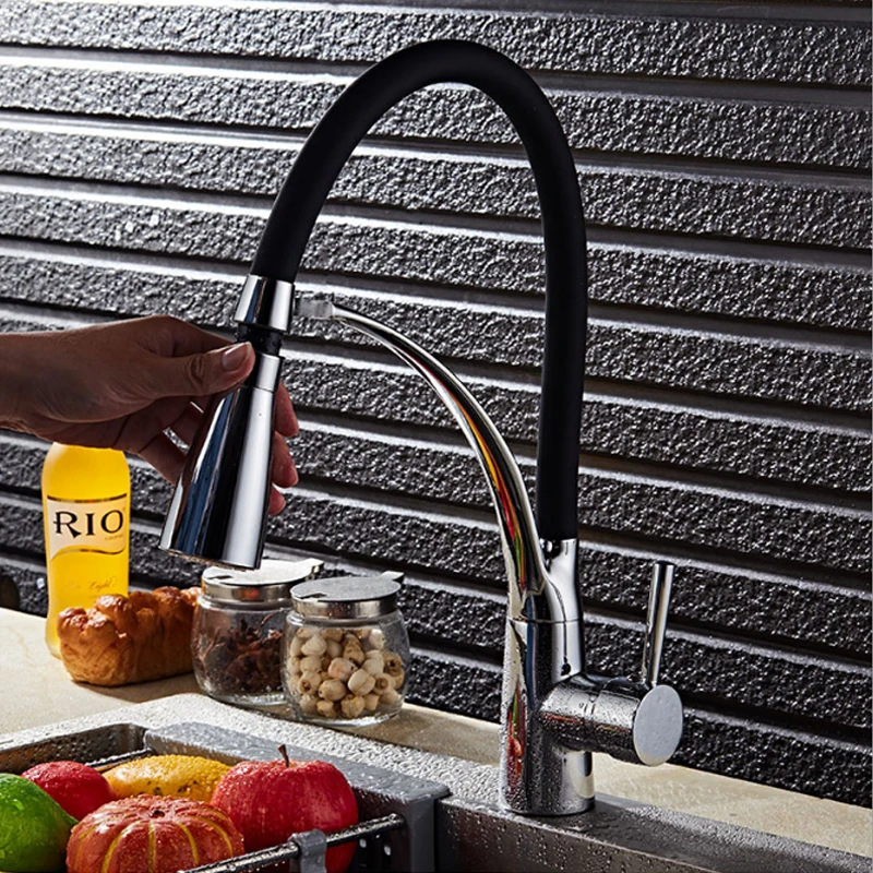 

LED Kitchen Faucets with Rubber Design Chrome Mixer Faucet for Kitchen Single Handle Pull Down Deck Mounted Crane for SinksL0629