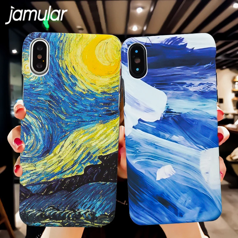 

JAMULAR Van Gogh Starry Night Oil Painting Case For iPhone 7 8 X 6 6s Plus Matte Hard PC Phone Covers For iPhone 6 Abstract Capa