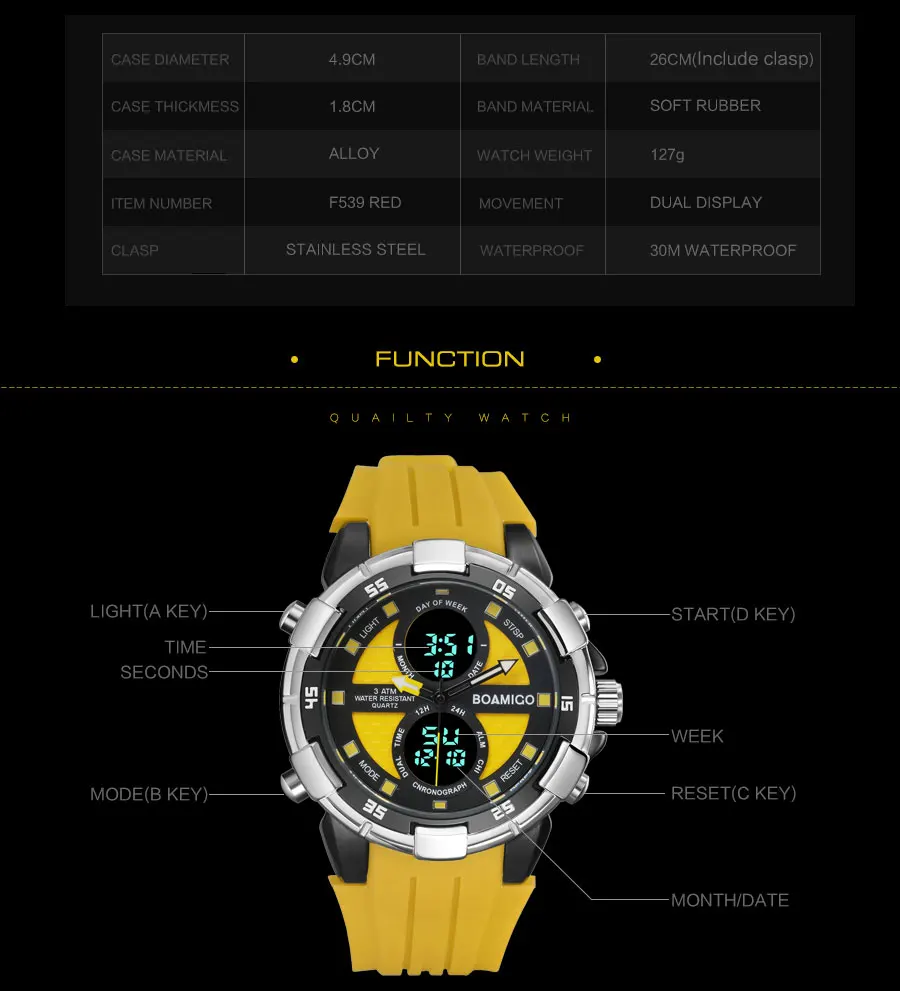 Мужские часы BOAMIGO, спортивные цифровые часы, светодиодный дисплей, резиновый ремешок, наручные часы 30 м, водонепроницаемые часы с датой и неделей, Желтые часы в подарок