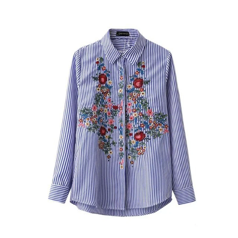 New Casual Floral Embroidery font b Blouse b font Cotton Women Fashion Striped font b Shirt