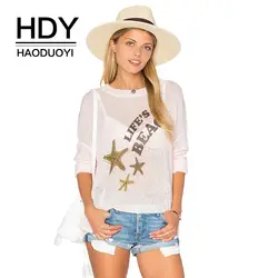 HDY Haoduoyi Белый Письмо печати Для женщин свитер с круглым вырезом длинный рукав полупрозрачная Sexy Lady Топы свободные Повседневное High-Low