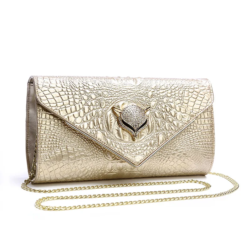 

2019 Crocodile Pattern Leather Clutch Women Cowhide Leather Day Clutch Handbag Shoulder Chain Bag with Fox Diamonds daily purse