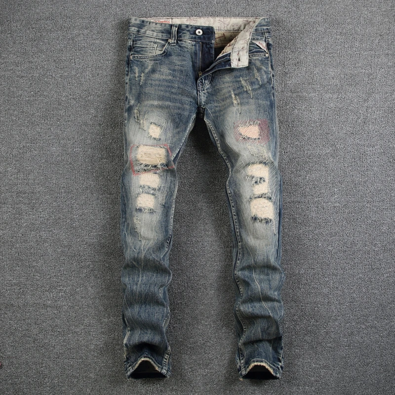 

American Streetwear Fashion Men Jeans Retro Slim Fit Distressed Denim Long Pants hombre Ripped Jeans For Men Hip Hop Jeans homme