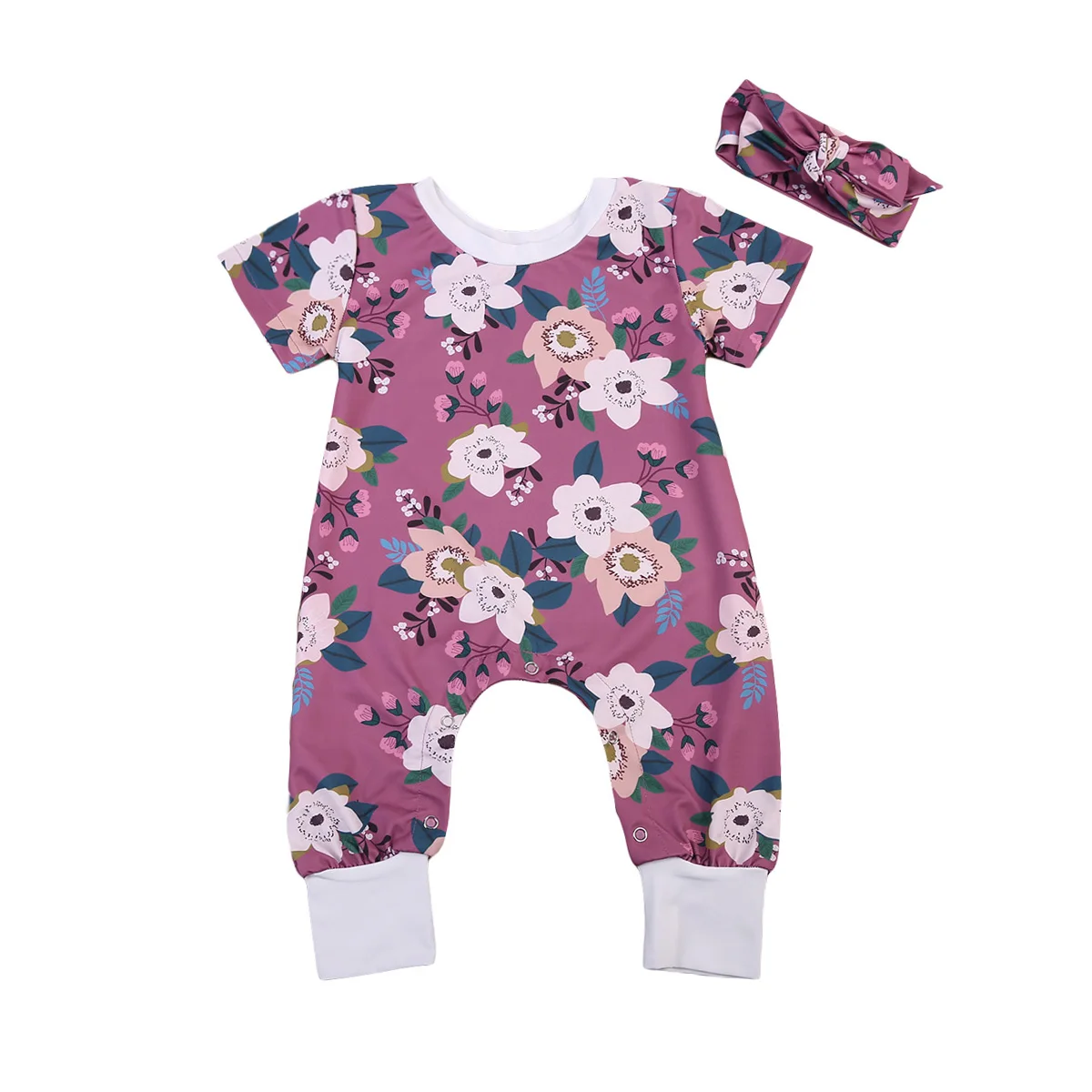 2017 NEW Infant Baby Girl Floral Purple Floral Romper Jumpsuit+Headband