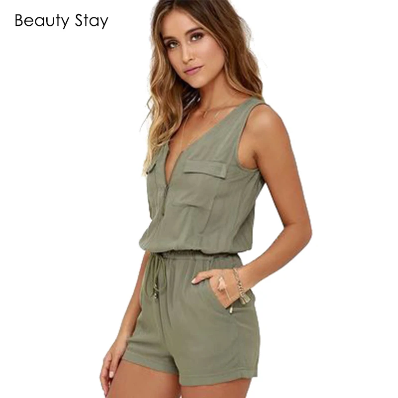 BeautyStay Women Sexy Summer Beach Rompers Front Zipper Casual Army