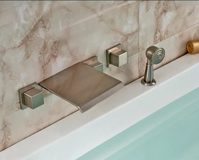 

Free Shipping! Nickel Brushed Bathroom 5 PCS Tub Faucet Waterfall Shower Mixer W/ Hand Sprayer