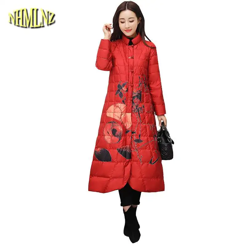 

Chinese National Style Long Section Women Down Jacket 2019 Winter New Females Parkas Printing Stand Collar Coat Warm Slim LY534