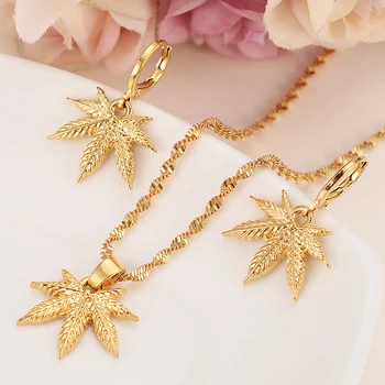

gold pendant Necklace Earring Set Women Party Gift Cannabiss Weed Marijuana Leaf charms women girls bridal wedding Jewelry gift
