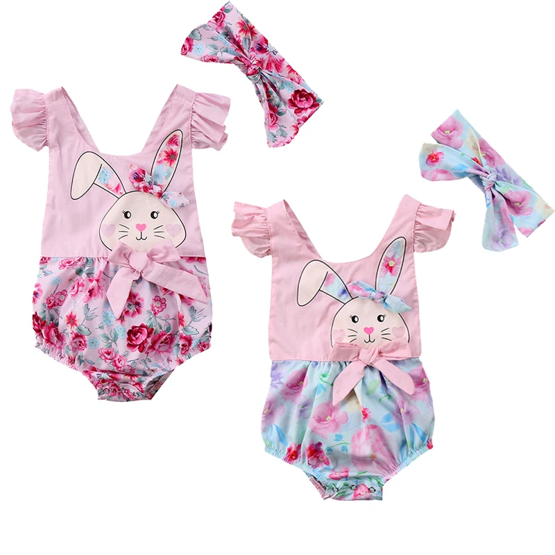 

Easter Newborn Baby Girl Cartoon Bunny Bow Floral Clothes Sleeveless Back Cross Princess Baby Romper Jumpsuit Headband Sunsuit