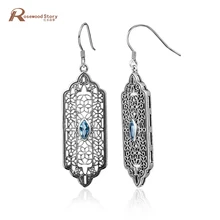 Европейские панк ретро узор нежные классические серьги женские синие циркониевый Камень Кристалл Настоящее серебро 925 проба серьги