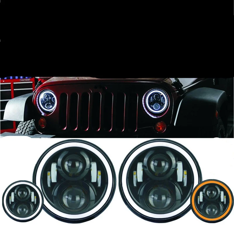 7 Inch Round Halo Projectors and Halo Fog Lights 60W Cree Headlights White Halo Angel Eyes+Amber Turning Signal Lights 30w Halo LED Fogs Jeep Wrangler JK TJ Unlimited Sahara Rubicon
