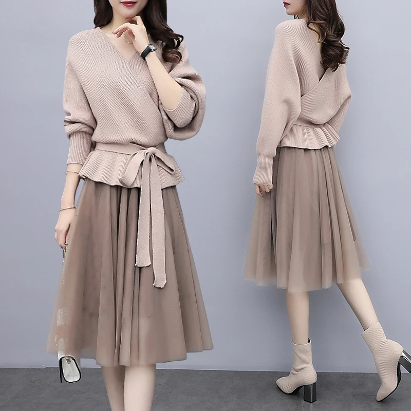 

Two Piece Set Women Clothes 2019 Spring Autumn mesh Skirts Womens Vintage Midi Skirt Sweater Top Plus Size Ensemble Femme MY2486