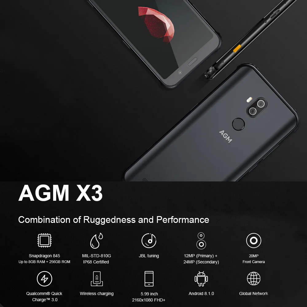 AGM X3 6/8 ГБ+ 64/128/256 ГБ Snapdragon 845 24MP+ 20MP 4100 мА/ч, мобильный телефон IP68 Водонепроницаемый 5,99 ''Face ID NFC 4G Черный смартфон