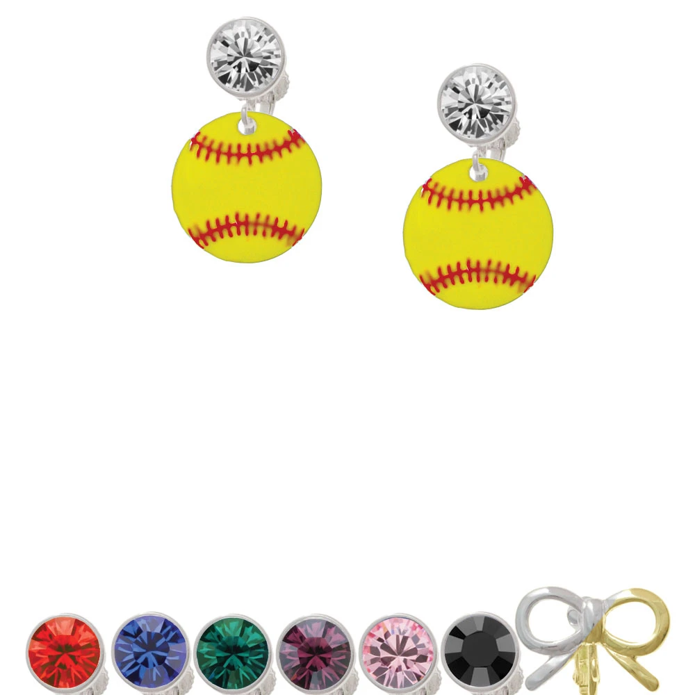 3/4'' Enamel Softball Crystal Clip On Earrings
