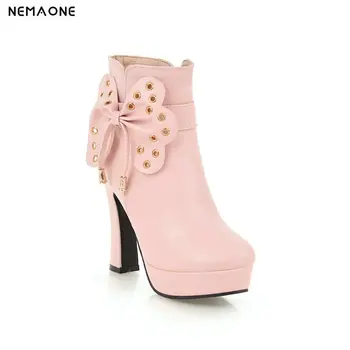 

NEMAONE Sweet high heels boots woman black white pink ladies autumn winter ankle boots women shoes large size 43