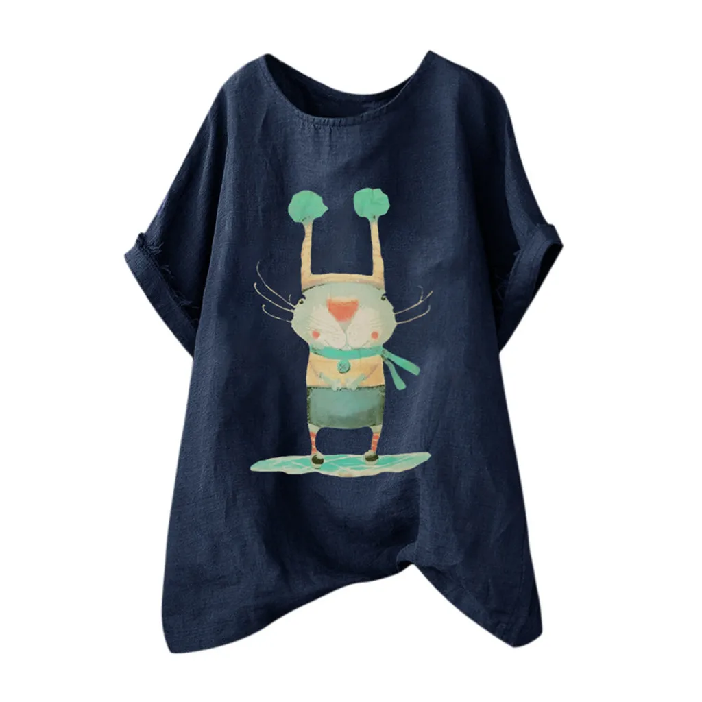 

blusas mujer de moda 2019 women's blouse shirt Women Casual Loose Cotton And Linen Character O-Neck Short Sleeve Shirt Blouse