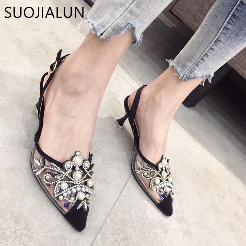 

SUOJIALUN 2019 Brand Women Mules Sandals Summer Sexy High Heels Pump Ladies Mesh Sandals Elegant Wedding Party Shoes Sandals