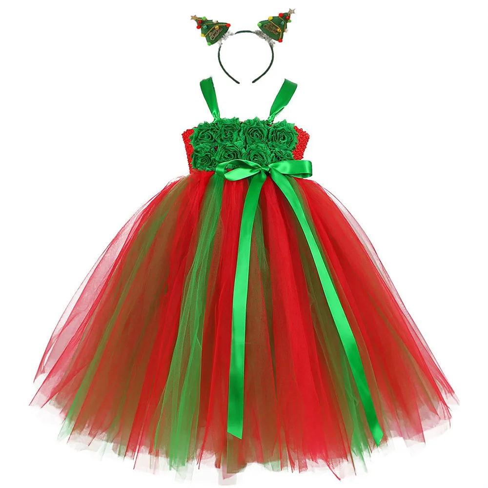 Green Red Ankle Length Girl Dress Christmas Autumn Clothing Children New Year Party Frock Tulle Tutu Christmas Tree Dress Gowns (1)